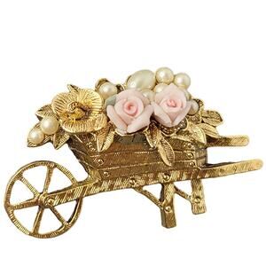 Vintage Wheelbarrow Brooch Pin Pink Roses Faux Pearls Gold Tone 1.75" Gift Box